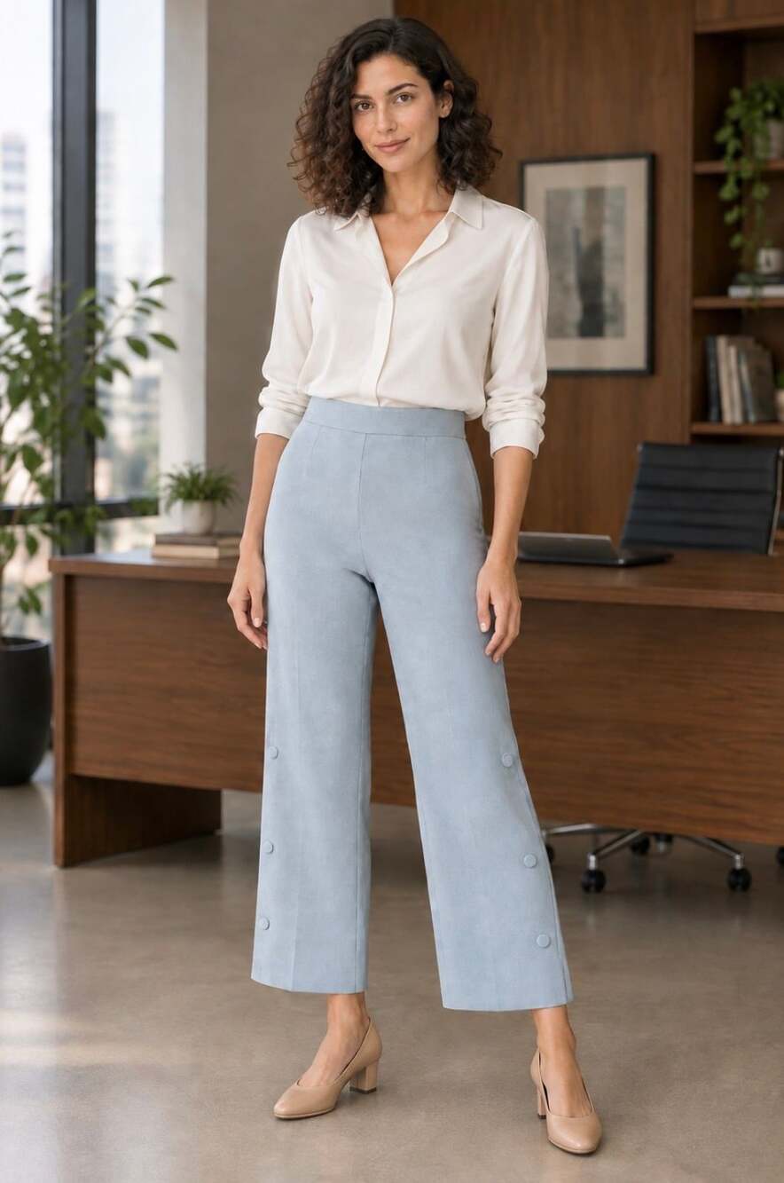 Zara Sky Blue High-Waisted Wide-Leg Snap-Button Trousers | Small
